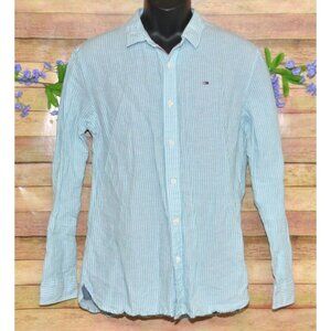 Tommy Hilfiger Mens Blue Linen Blend Striped Button Up Long Sleeve Shirt Size XL